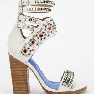 JEFFREY CAMPBELL Pow Wow Stud Sandals Chunky Heel 6.5 Shoes INDIE SLEAZE White